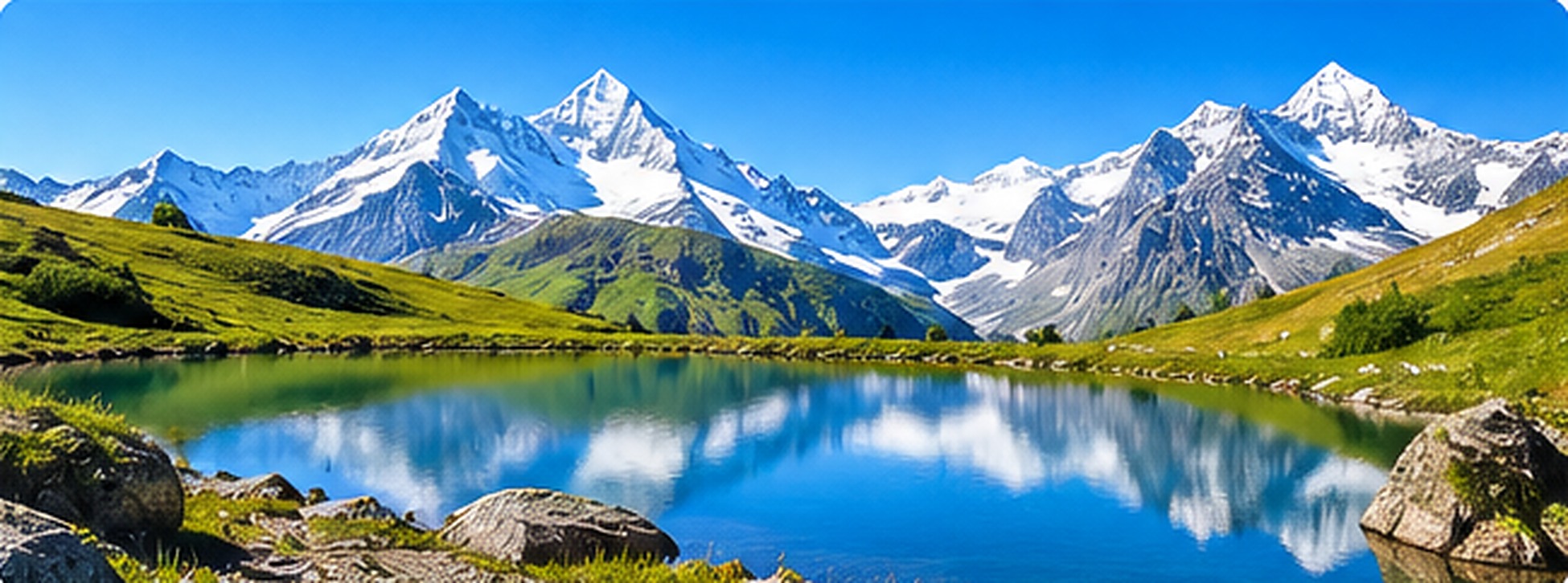 Summer Alpine landscape with green slopes and mountain lake